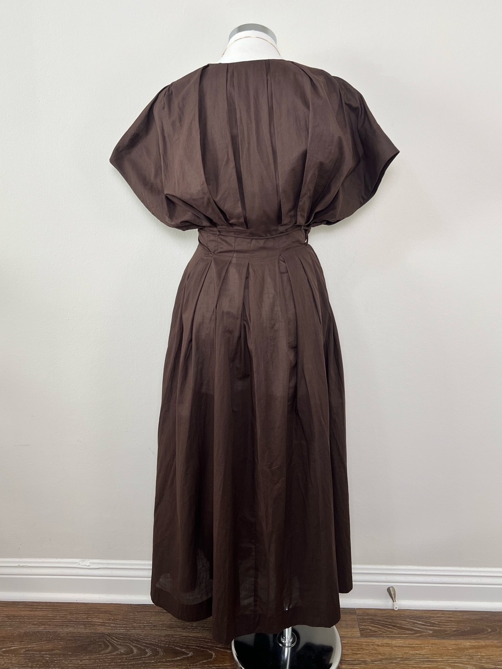 NWT Zara Brown Cotton Poplin Puff Sleeve Midi Dress Size M Pockets - Picture 6 of 12